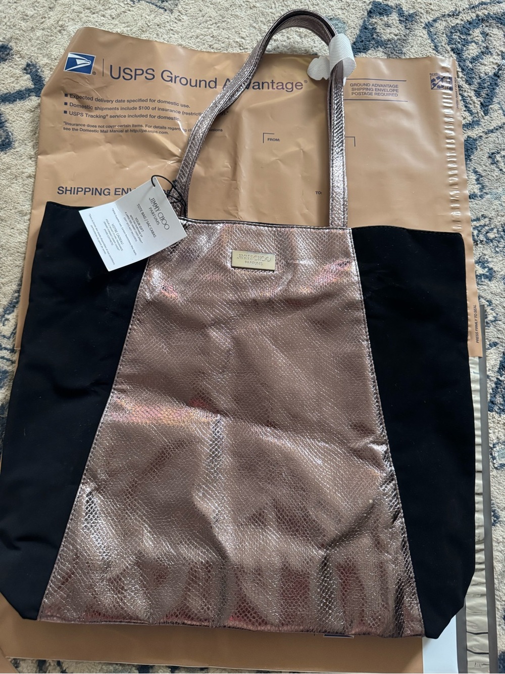 Jimmy Choo Parfums Large Tote Bag Metallic Rose Gold Snakeskin Black NWT